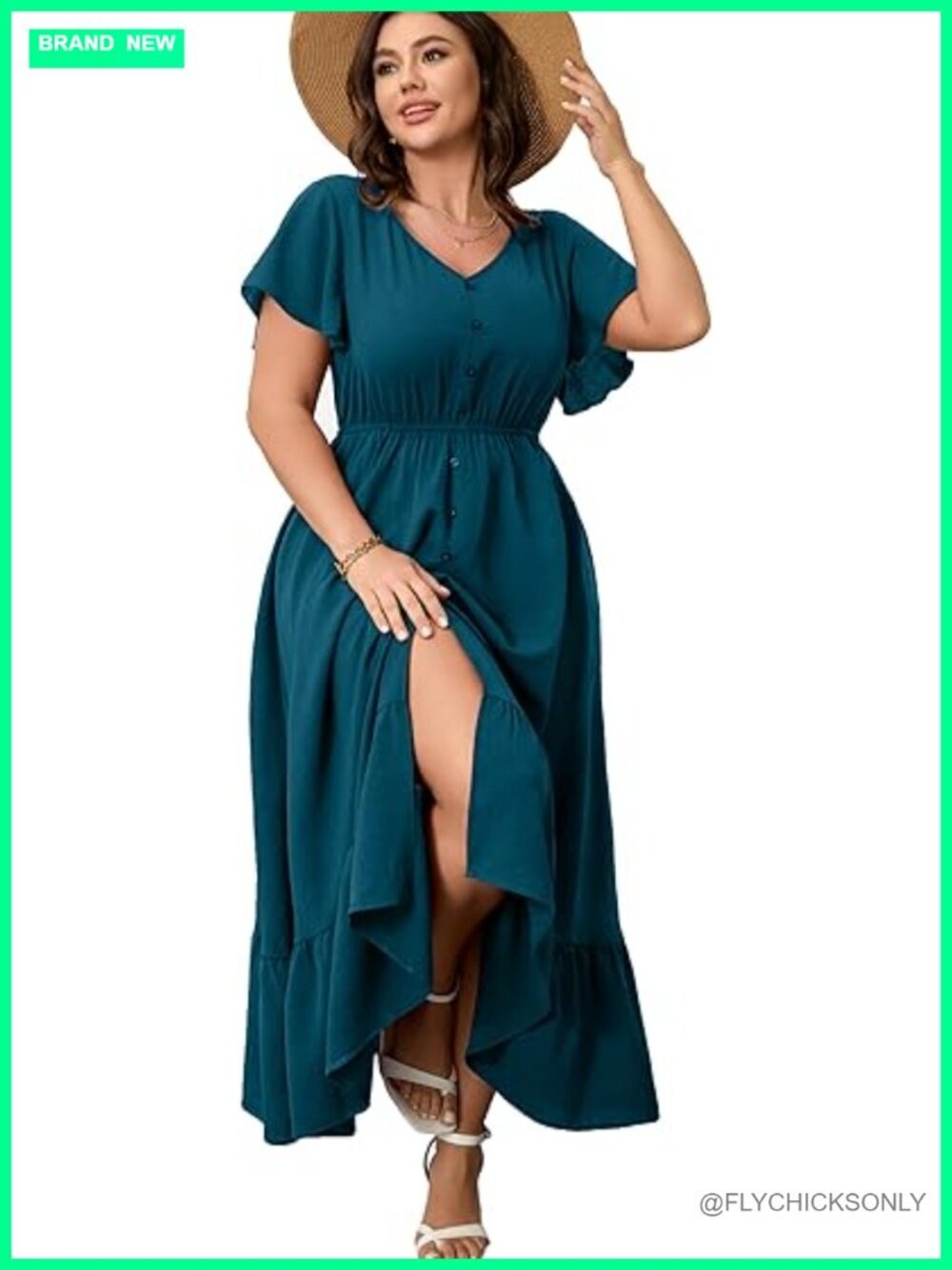 Women Plus Size Maxi Dress V Neck Short Sleeve Button Trim Split Flowy Tiered